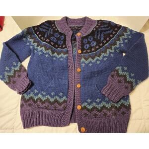Vtg Bolivian Knit XL Sweater 100% Lambswool Purple Buttons Pocket Oversized